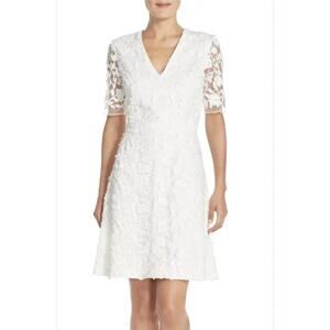 Adrianna Papell Embroidered Floral Lace Mesh Fit & Flare White Dress Size 10